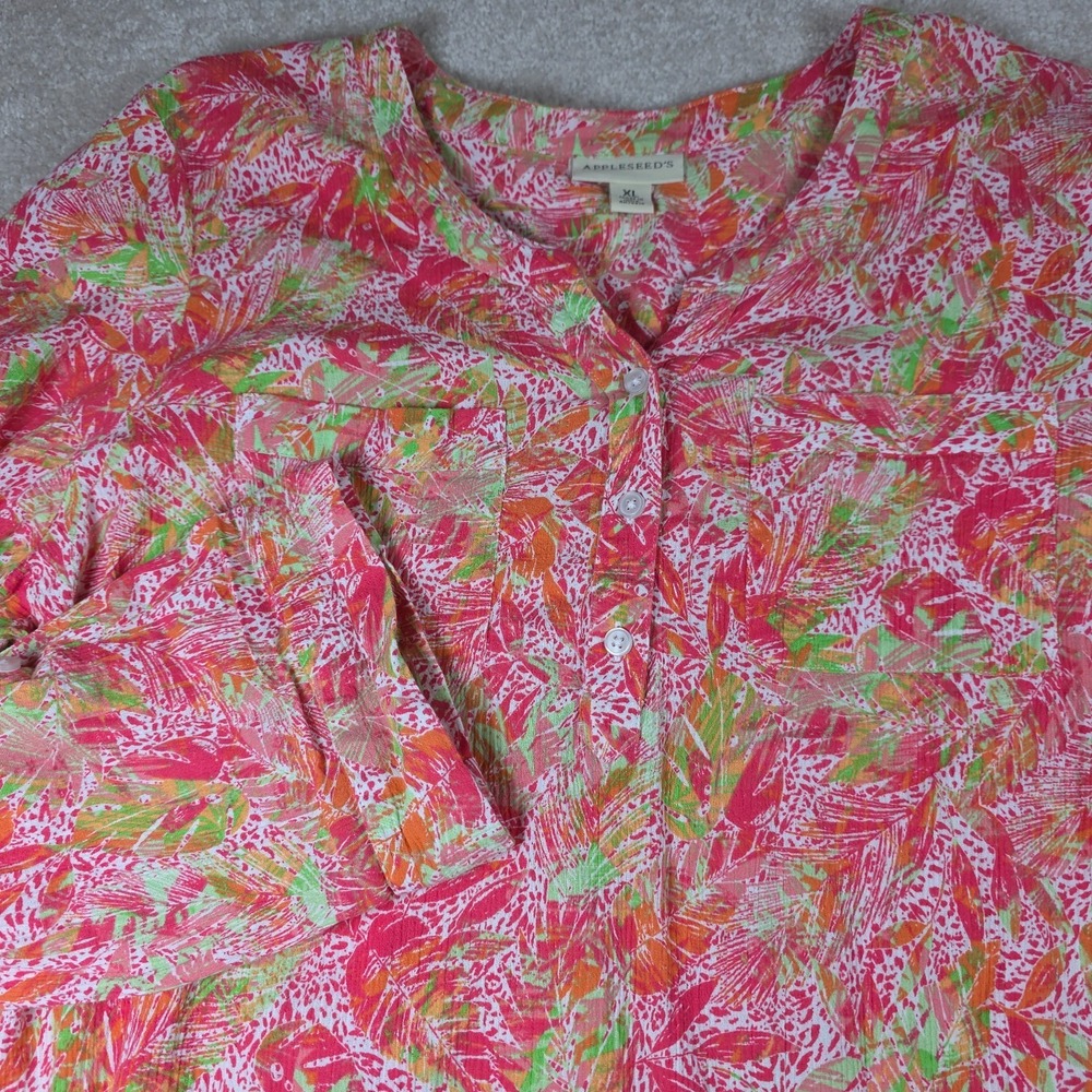 Appleseed's Blouse Top Womens XL Red Green Leaf Print Tropical Split V-Neck